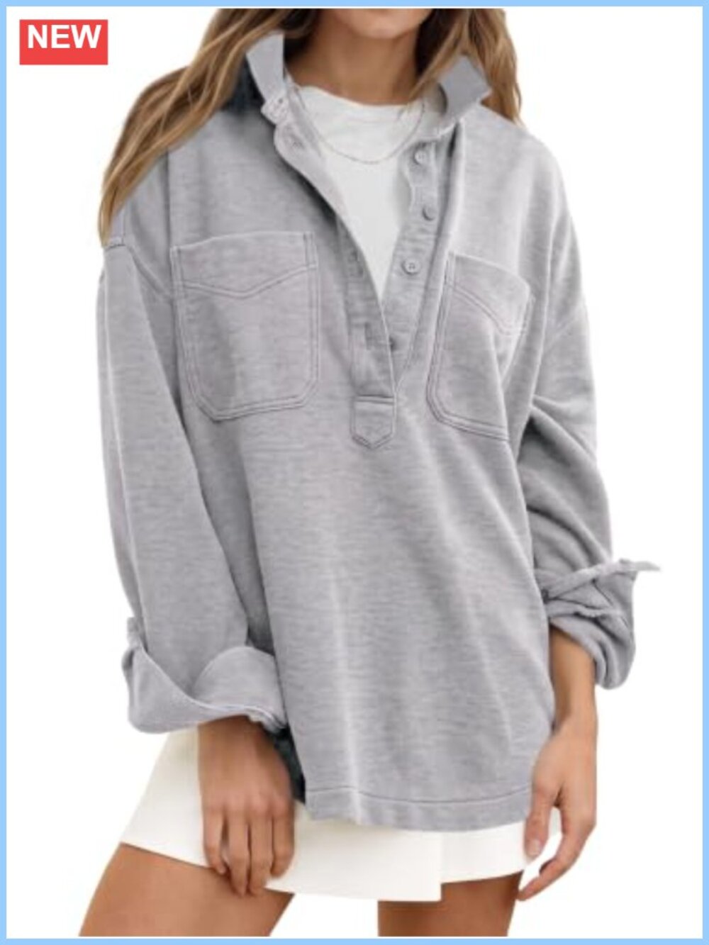Oversized Y2K Henley V-Neck Sweatshirt 100% Polyester Pullover Casual Fall